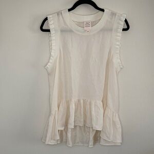 cinq a sept Womens Ivory Ribbed Sleeveless Crew Neck Peplum Silk Top size Large